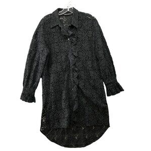 Zara Lace Shirt Dress Womens XS Black Long Sleeve Ruffle See Through Button